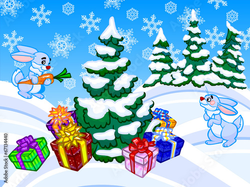The winter cartoon illustration of a christmas tree and two rabb photo