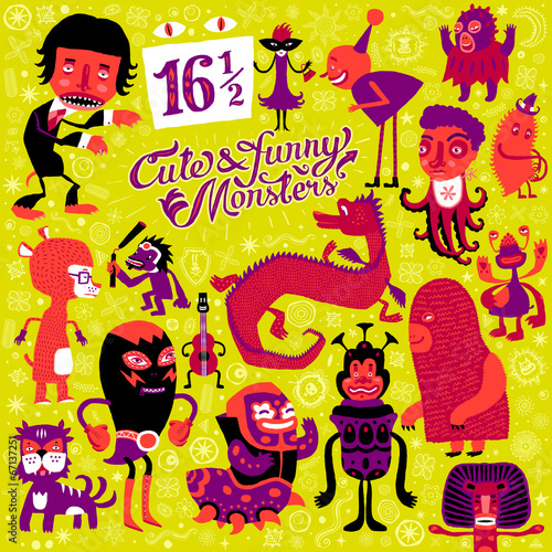 Vector set of sixteen and a half cute and funny monsters.