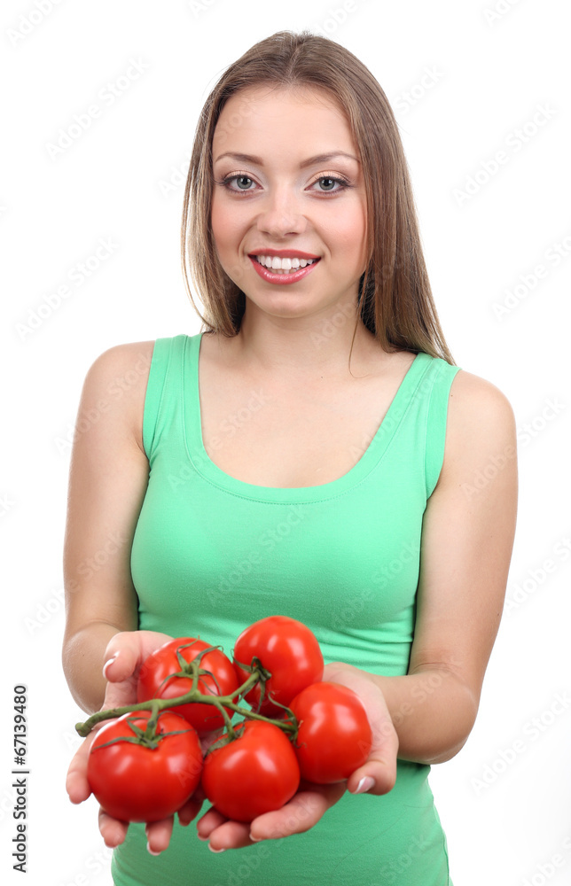 Beautiful girl with tomato, isolated on white Beautiful girl with tomato, isolated on white
