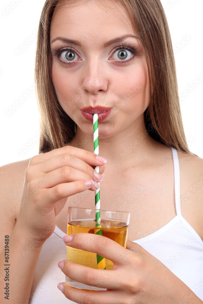 Beautiful girl with juice, isolated on white Beautiful girl with juice, isolated on white