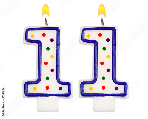 Birthday candles number eleven isolated on white background photo