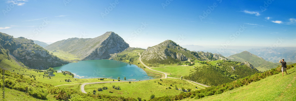 Panorama of Lake Enol in Picos de Europa, Asturias, Spain - obrazy, fototapety, plakaty 