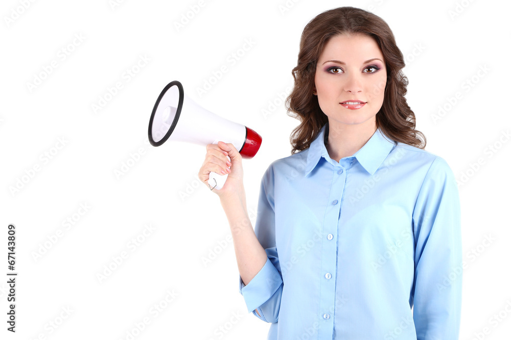 Young business woman with megaphone isolated on white Young business woman with megaphone isolated on white
