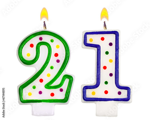Birthday candles number twenty one isolated on white background