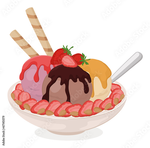Cup with ice cream, wafers, strawberries and nuts