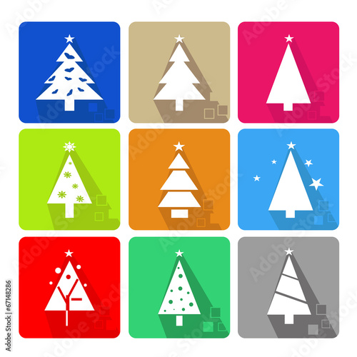 Icons set with christmas tree and stars - color