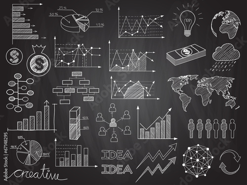 Set of chalkboard info graphics and business doodles.