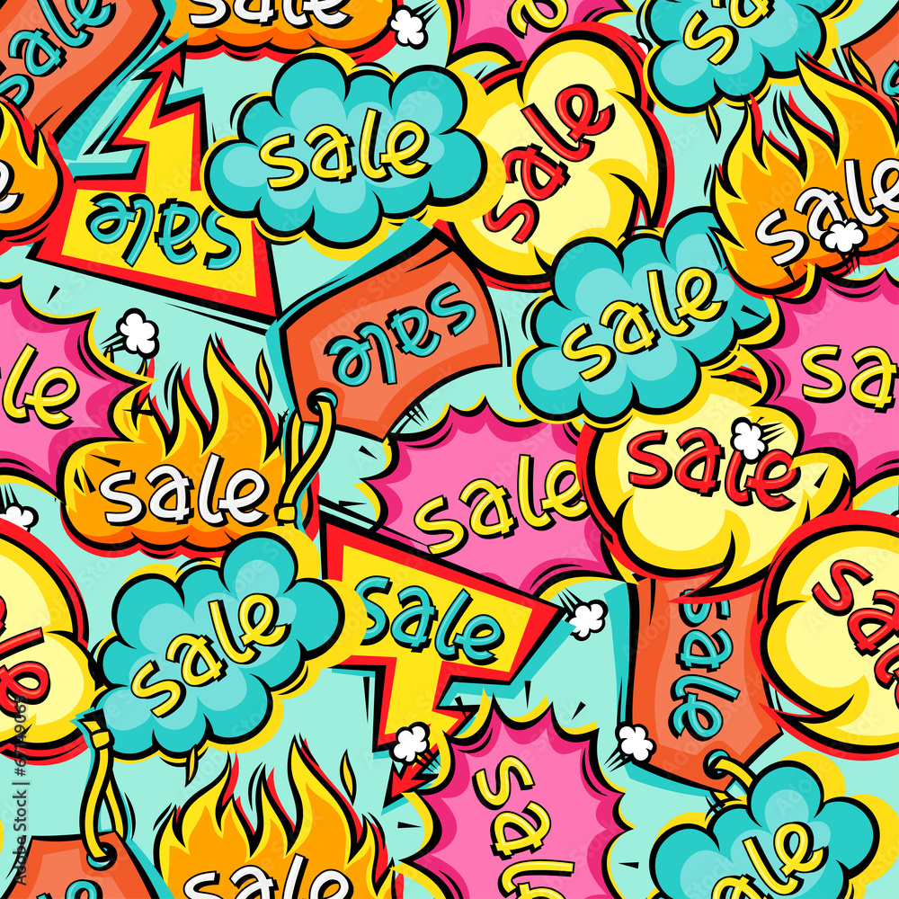 Seamless pattern of sale speech bubbles and labels.