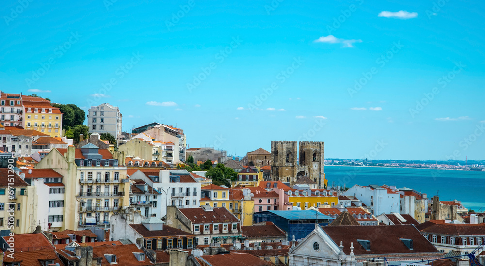 Panorama of old traditional city of Lisbon with red roofs