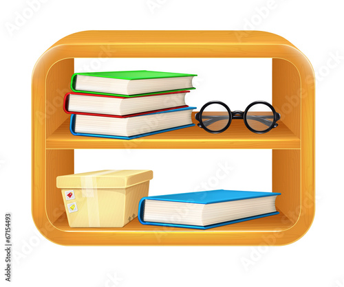 Vector Books, Box, Glasses on Shelf