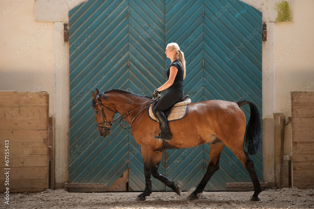 Beautiful young blonde woman riding a horse Beautiful young blonde woman riding a horse