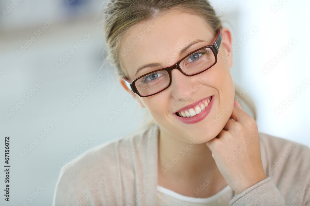Beautiful smiling woman with eyeglasses on Beautiful smiling woman with eyeglasses on