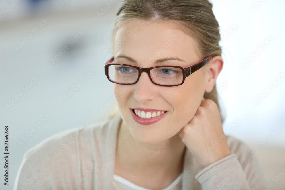 Beautiful smiling woman with eyeglasses on Beautiful smiling woman with eyeglasses on