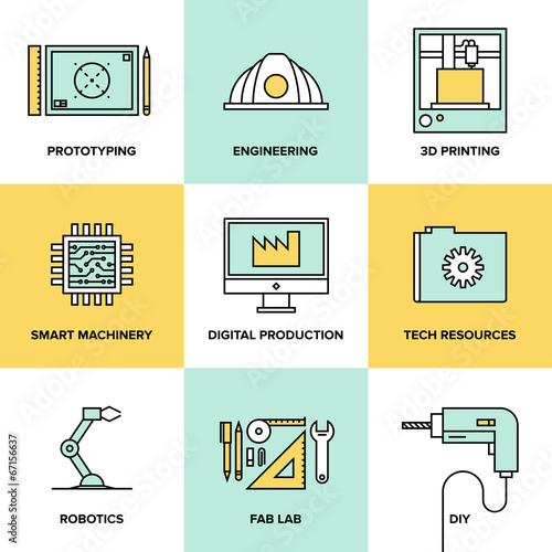 Digital engineering and production flat icons set
