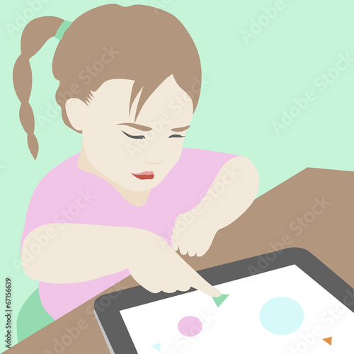 Little girl learning to use a digital tablet illustration