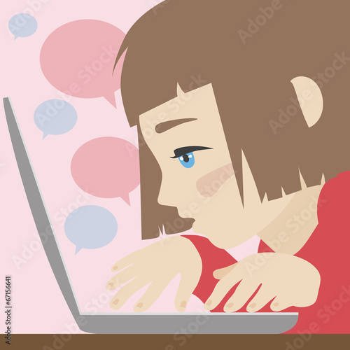 Cute girl chatting on laptop flat illustration