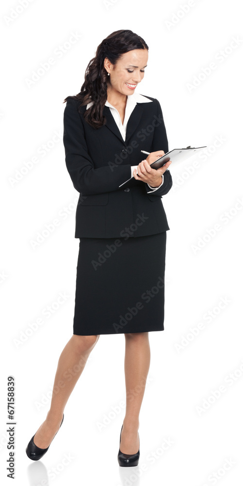 Businesswoman with clipboard writing, on white Businesswoman with clipboard writing, on white
