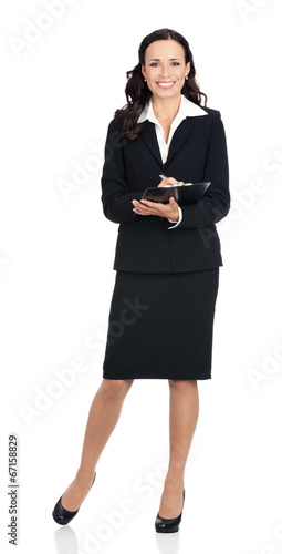 Businesswoman with clipboard writing, on white