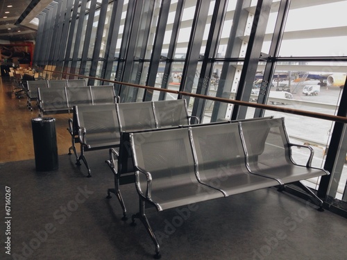 Empty benches in a waiting room at Keflavik airport, Iceland