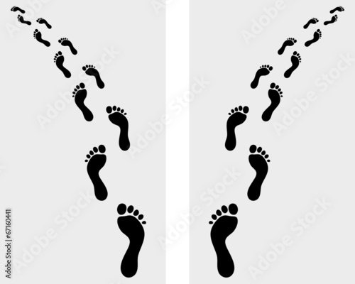 Trail of human bare footsteps, turn left or right