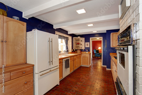 Contrast colors kitchen room with brick floor