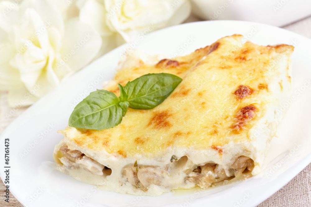 Cannelloni with chicken and mushrooms baked in sauce bechamel Cannelloni with chicken and mushrooms baked in sauce bechamel