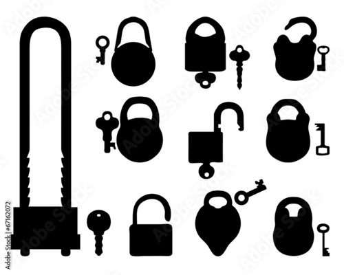 Black silhouettes of padlocks and keys, vector