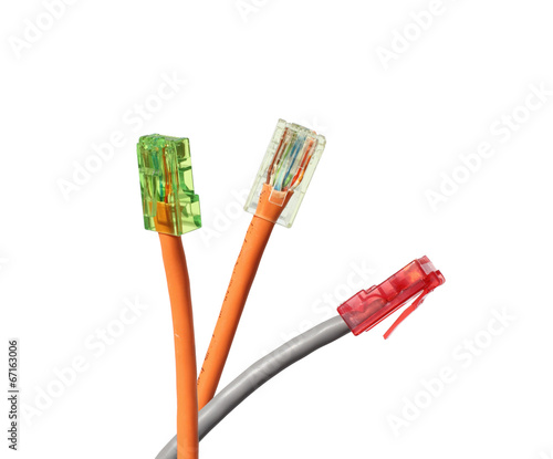 Three twisted pair cables with colored jacks isolated photo