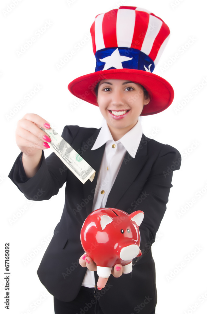 Businesswoman with piggy bank isolated on white Businesswoman with piggy bank isolated on white