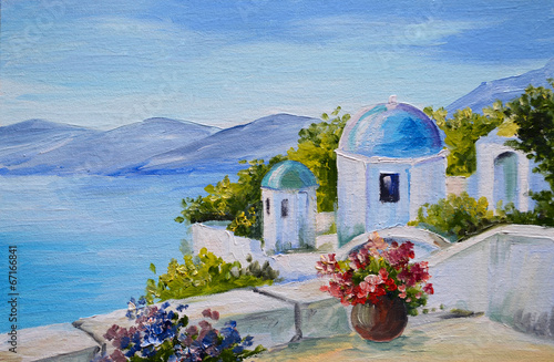 oil painting - Santorini, house near the sea