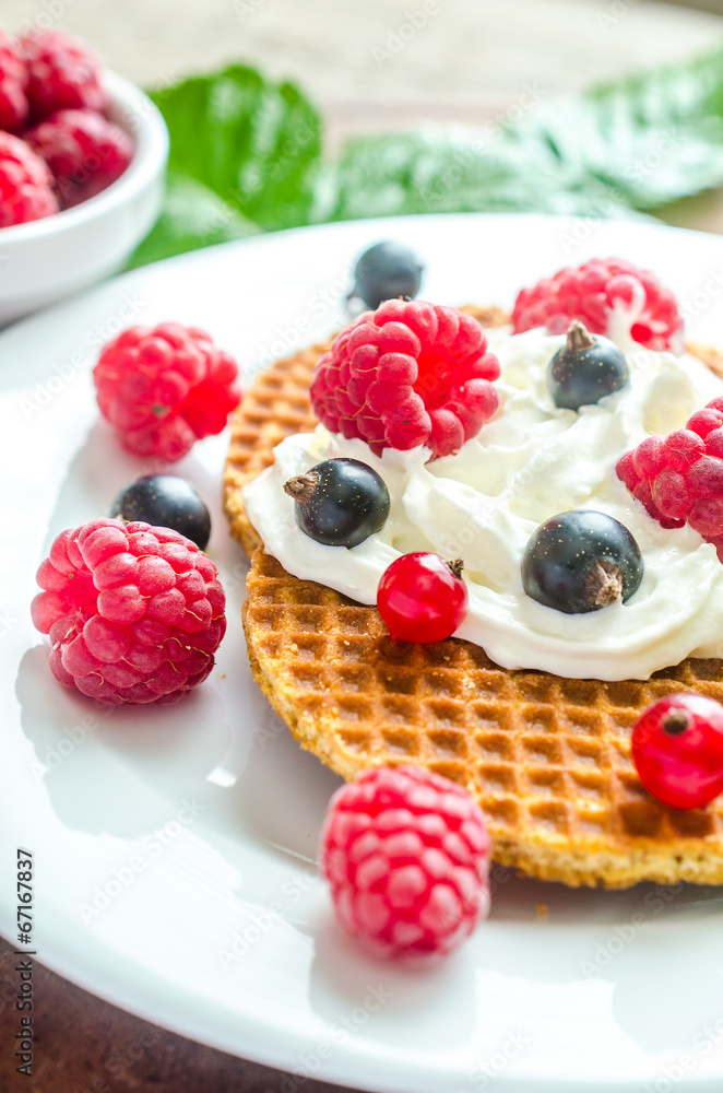 Belgian waffles with whipped cream and fresh berries Belgian waffles with whipped cream and fresh berries
