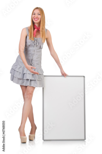 Woman with blank board isolated on white