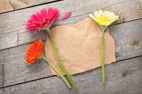 Fototapeta Naklejka Na Ścianę i Meble -  Three colorful gerbera flowers with paper for copy space