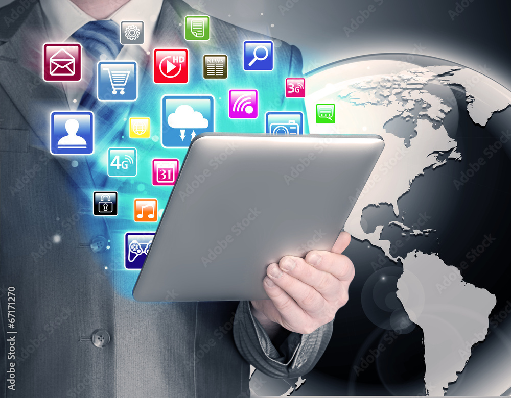 Business man use tablet pc with colorful application icons Business man use tablet pc with colorful application icons