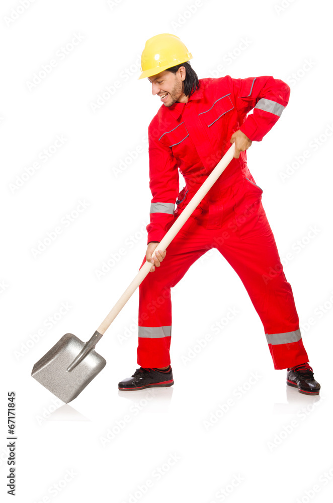 Fototapeta premium Man in red coveralls with spade