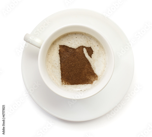 Cup of coffee with foam and powder in the shape of Egypt.(series