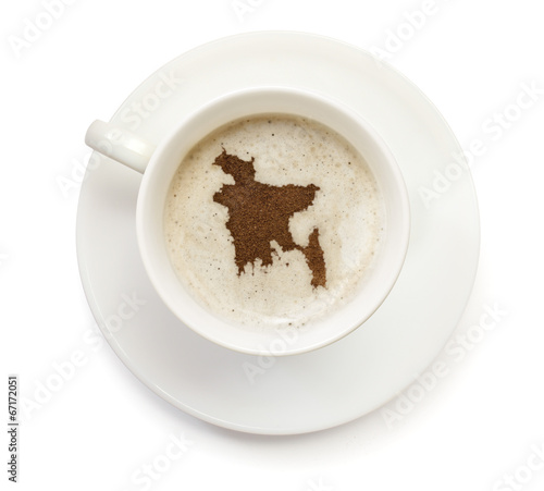 Cup of coffee with foam and powder in the shape of Bangladesh.(s