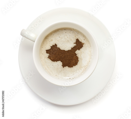 Cup of coffee with foam and powder in the shape of China.(series
