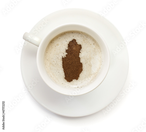 Cup of coffee with foam and powder in the shape of Qatar.(series