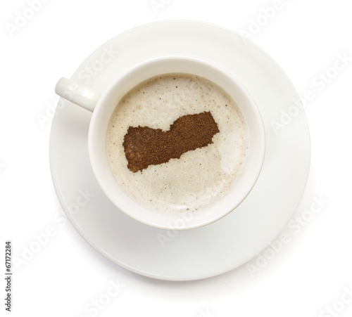 Cup of coffee with foam and powder in the shape of Yemen.(series