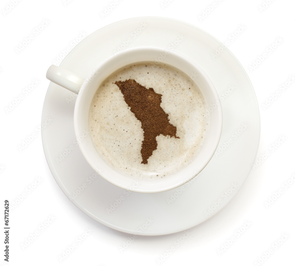Cup of coffee with foam and powder in the shape of Moldava.(seri Cup of coffee with foam and powder in the shape of Moldava.(seri