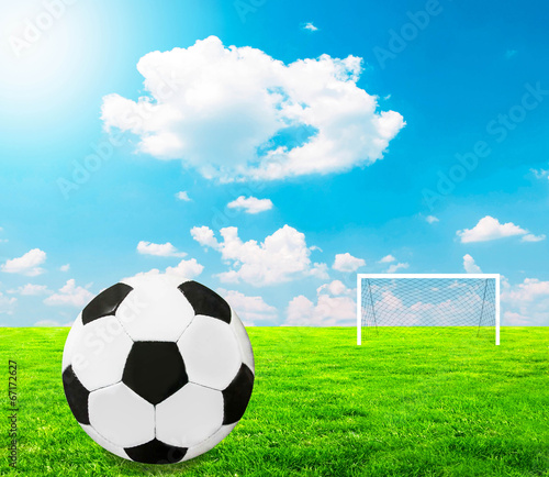 Football concept - Football on field with empty goal in backgrou © irishmaster