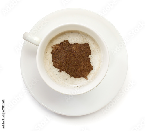 Cup of coffee with foam and powder in the shape of Poland.(serie