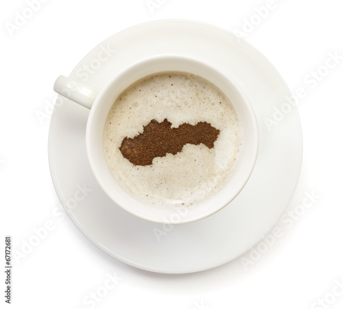 Cup of coffee with foam and powder in the shape of Slovakia.(ser