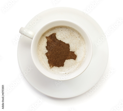 Cup of coffee with foam and powder in the shape of Bolivia.(seri