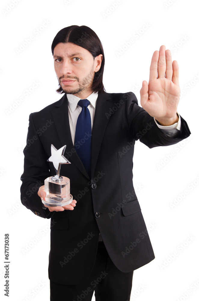 Businessman with star award isolated on white Businessman with star award isolated on white
