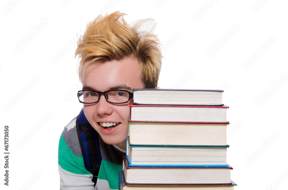 Funny student with stack of books Funny student with stack of books