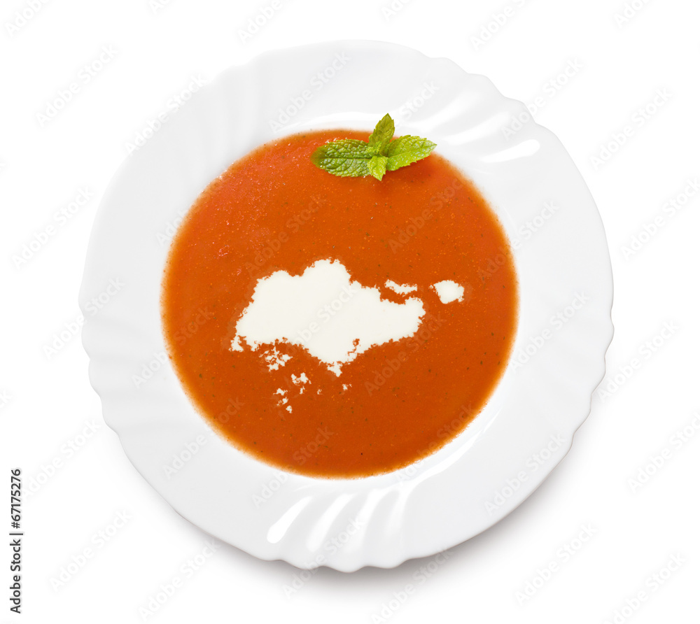 Plate tomato soup with cream in the shape of Singapore.(series) Plate tomato soup with cream in the shape of Singapore.(series)