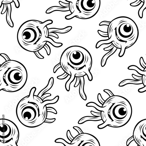 One eyed monster with tentacles seamless pattern