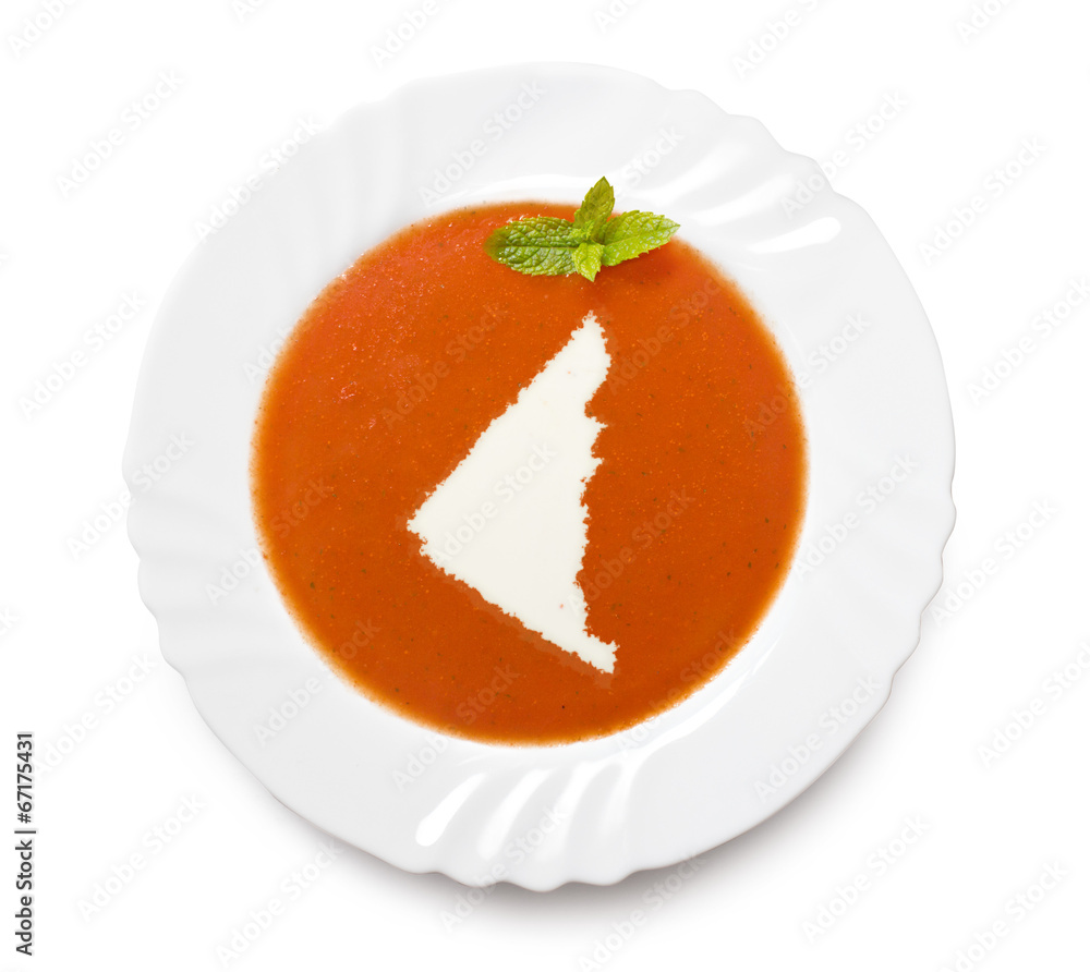 Plate tomato soup with cream in the shape of Yukon.(series) Plate tomato soup with cream in the shape of Yukon.(series)